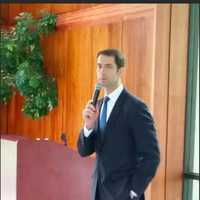 <p>Arkansas Sent. Tom Cotton addresses the Connecticut delegates on the final day of the Republican National Convention.</p>