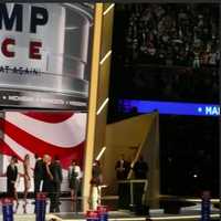 <p>The Trump and Pence families gather on the podium at the end of the GOP Convention</p>