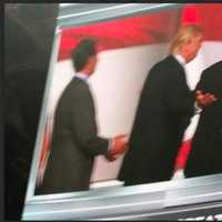 <p>Donald Trump and Mike Pence on the big screen</p>