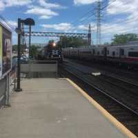 <p>Pair of trains meeting at Noroton Heights train station in Darien.</p>