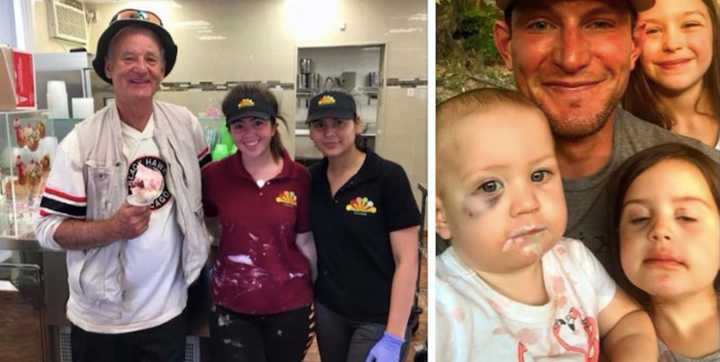 Bill Murray with Englewood&#x27;s Ice Cream on Grand employees, left, and NFL star Steve Weatherford and his daughters.