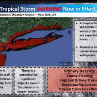 <p>A Tropical Storm Warning is now In effect for Southern Westchester and areas shown in red above.</p>