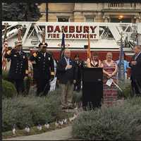 <p>Danbury Mayor Mark Boughton with Vycki Higley Pratt and Amanda Higley at the Sept. 11 Memorial Remembrance Gathering on Friday evening at Elmwood Park. Danbury resident Rob Higley perished in the 9/11 attacks.</p>