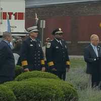 <p>Danbury Mayor Mark Boughton speaks at the September 11 Memorial Remembrance Gathering</p>