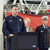 <p>Local 801 Vice President Captain Rob Forbes speaks at the Danbury Professional Fire Fighters, Local 801, IAFF.</p>