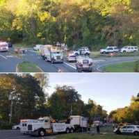 <p>The scene of a truck rollover which temporarily closed Route 9 near Route 117 late Tuesday. Mark&#x27;s Towing cleared the truck (bottom photo).</p>