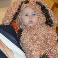 <p>4 1/2 month old Caroline Fitpatrick of Westport is dressed as a dog for her first Halloween.</p>