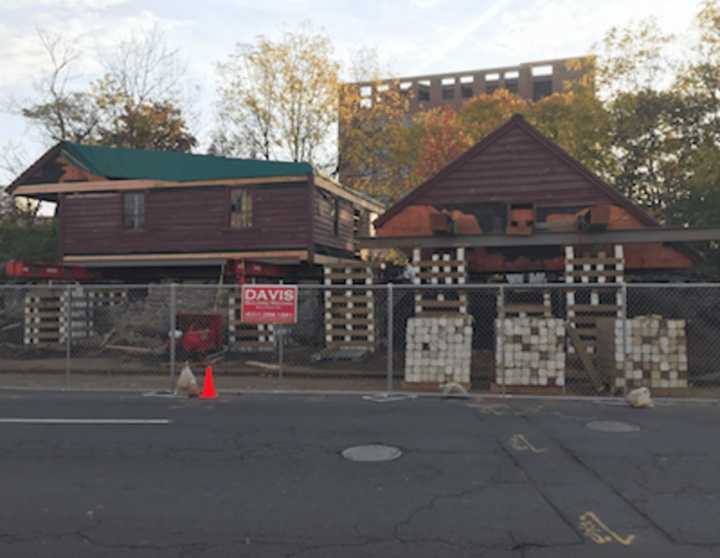 The Hoyt-Barnum House cut in two and ready to be moved to its new location on Sunday.