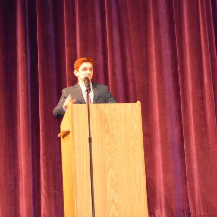 Nicholas Smeriglio portrayed Donald Trump at Westhill High School&#x27;s Mock Presidential Debate in Stamford