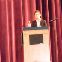 <p>Rebecca Siegal portrayted Hilary Clinton  at Westhill High School&#x27;s Mock Presidential Debate in Stamford</p>