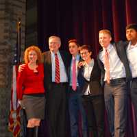 <p>Many of the people who were involved in the Westhill High School Mock Presidential Debate, along with Stamford Mayor David Martin</p>