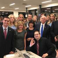 <p>Donald Trump with running mate Mike Pence watching at Trump Tower in Manhattan as returns come in Tuesday night.</p>