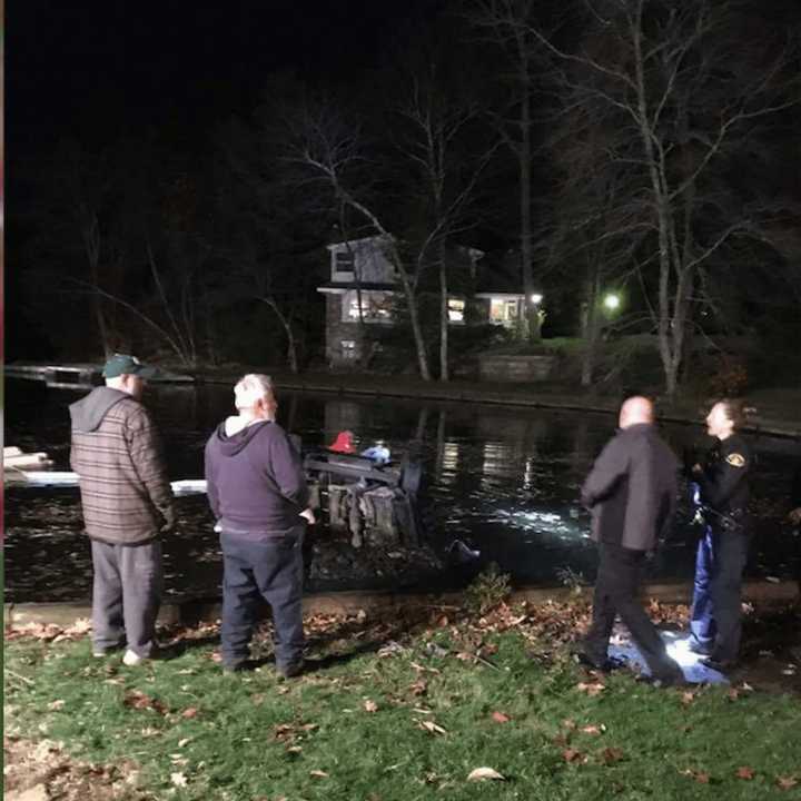 A photo taken by hero teen Cullen Malzo after a car with two 17-year-old female passengers went flying into Lake Mahopac after the driver lost control of the vehicle.