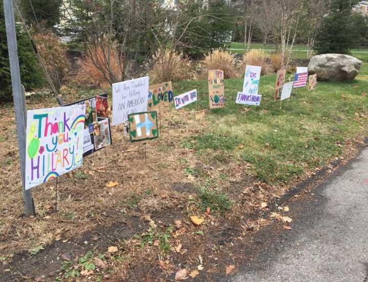 Hillary Clinton&#x27;s neighbors on Old House Lane in Chappaqua posted lawn signs thanking her for running for president.