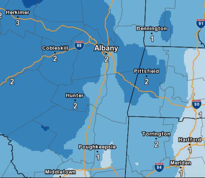 A look at projected snowfall amounts from the system expected to arrive overnight and impact Dutchess and surrounding counties through Monday morning.