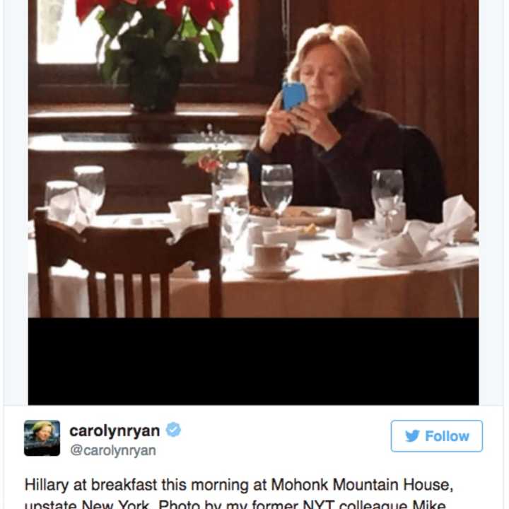 Chappaqua&#x27;s Hillary Clinton was snapped having breakfast and checking her cell phone at the Mohonk Mountain House in New Paltz Wednesday. This image was tweeted by Carolyn Ryan, a New York Times editor.