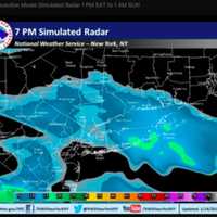 <p>A simulated radar image showing snow overspreading the area at 7 p.m. Saturday.</p>