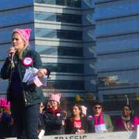 <p>Lisa Boyne, organizer of the Women&#x27;s March for Connecticut, speaking at the event in front of about 3,000 people.</p>