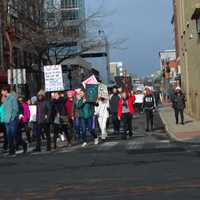 <p>People wave signs and march to have their voices heard in Stamford on Saturday.</p>