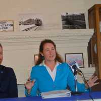 <p>From left, Francis Pickering, executive director at WestCOG (Western Connecticut Council of Governments) and U.S. Rep. Elizabeth Esty (D-5th District), at the Danbury Railroad Museum for a meeting on regional transportation.</p>