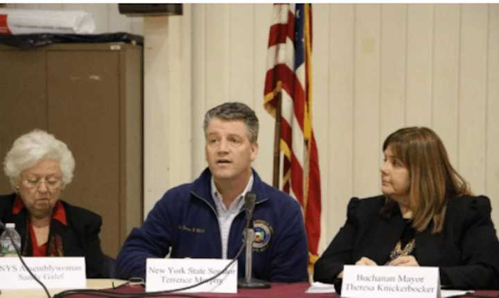 Sen. Terrence Murphy addresses the crowd at the Morabito Community Center Thursday evening at a meeting hosted by Cortlandt Supervisor Linda Puglisi and Buchanan Mayor Theresa Knickerbocker.