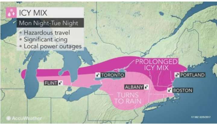 Areas north of Interstate 287 in the Hudson Valley are expected to see snow, sleet and freezing rain overnight Monday into Tuesday, when a changeover to rain occurs.