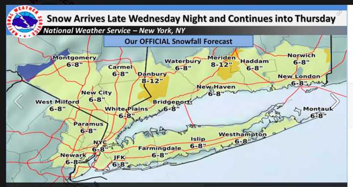 A look at projected snowfall totals for Thursday&#x27;s winter storm from the National Weather Service.