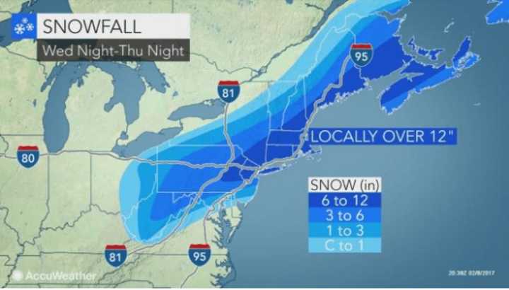 A look at projected snowfall amounts from the storm that will impact the area during the daylight hours Thursday.