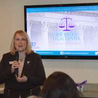 <p>Deb Greenwood, president and CEO of the Center for Family Justice,  speaks at the opening of the Justice Legal Center, the state&#x27;s first legal incubator, which is housed at the Bridgeport center.</p>