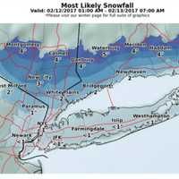 <p>A look most likely snowfall accumulations for the latest winter storm that will impact the area.</p>