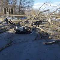 <p>Debris from a fallen tree covers a car and blocks the southbound side of the Merritt Parkway in Greenwich on Monday.</p>