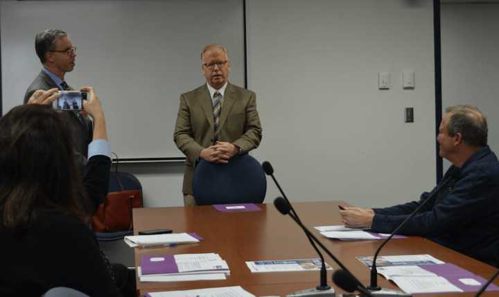 Danbury Mayor Mark Boughton speaks Wednesday at the Danbury VITA (Volunteer Income Tax Assistance) Coalition to kick off tax season at Danbury City Hall.