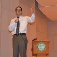 <p>U.S. Rep. Jim Himes addresses a large but friendly crowd at Norwalk Concert Hall.</p>