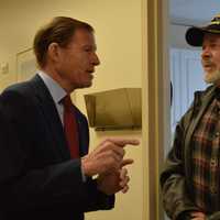 <p>U.S. Sen. Richard Blumenthal speaks to Marine Corps Veteran Jeff Calcott in Stamford.</p>