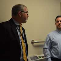 <p>From left, John Callahan, associate director; Sam Rice,  nurse manager, and U.S. Sen. Richard Blumenthal talk at the Stamford Outpatient Veteran Clinic.</p>