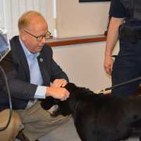 <p>Danbury Mayor Mark Boughton welcomed Rocky, the City of Danbury’s new police dog, in his office at City Hall on Wednesday.</p>