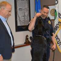 <p>Rocky plays with Sgt. James Antonelli, K-9 Unit Supervisor,</p>