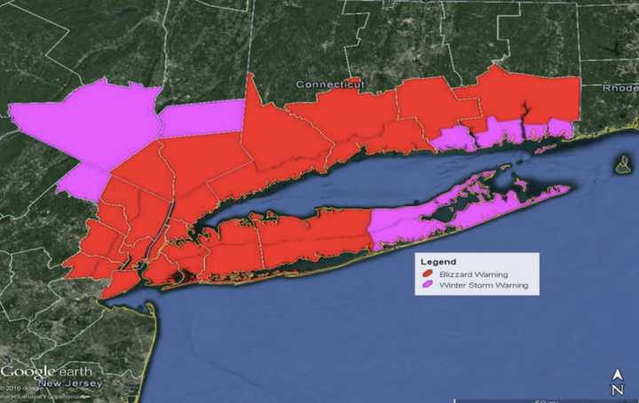 A Blizzard Warning is in effect from midnight Tuesday to midnight Wednesday for areas in red, including all of Westchester and Rockland.