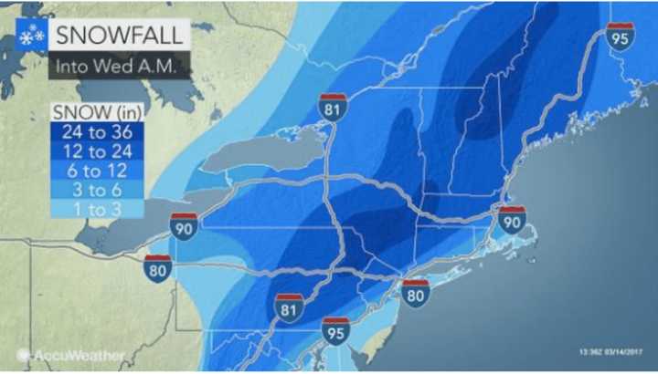 The latest snowfall projections, released Monday morning, by AccuWeather.com.