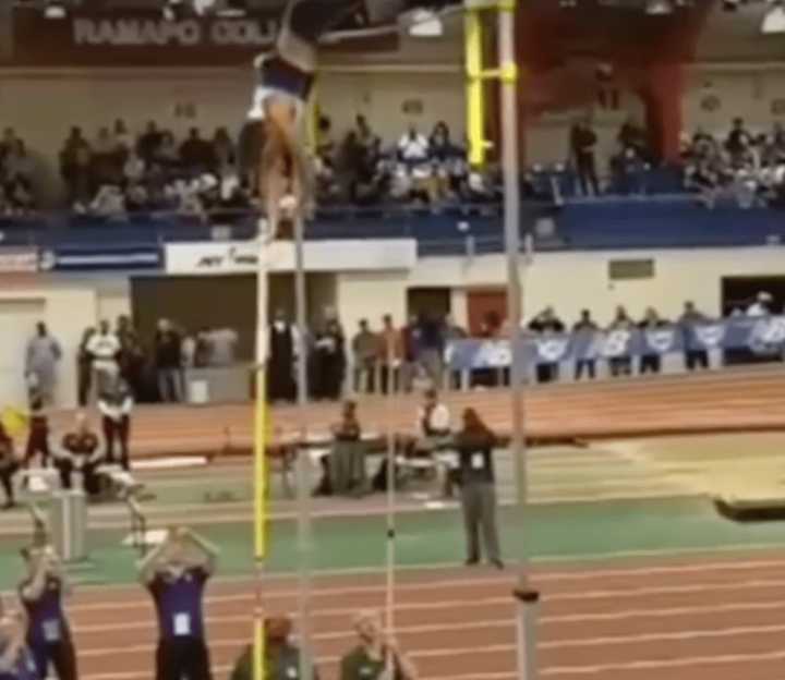 The Ramapo College banner makes a guest appearance in a viral video of Armand Duplantis setting a new pole vaulting record.