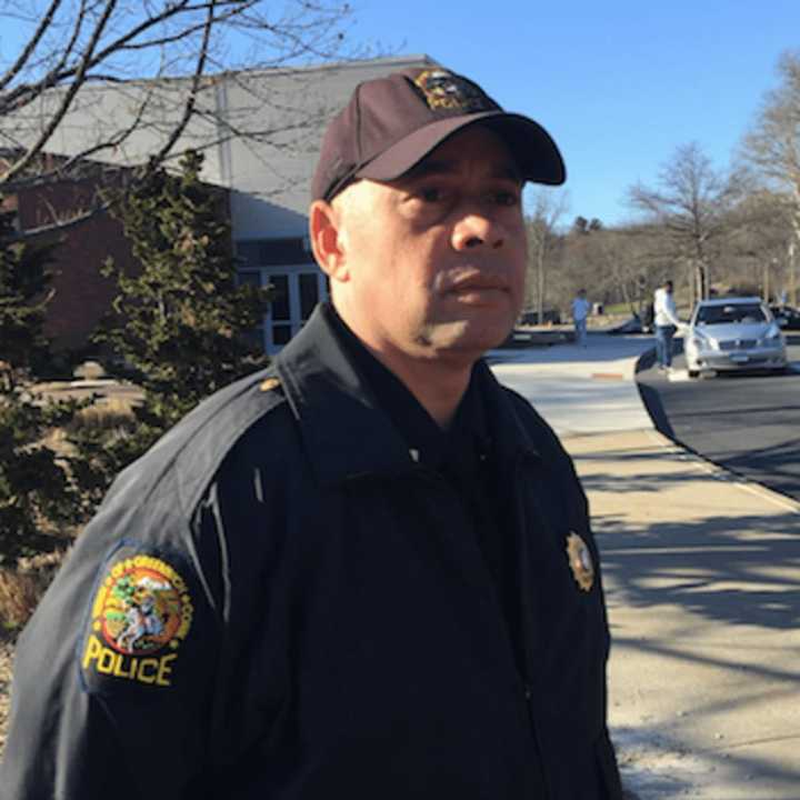 Greenwich Police Lt. Kraig Gray briefing media on the lockdown at Greenwich High School Wednesday afternoon.