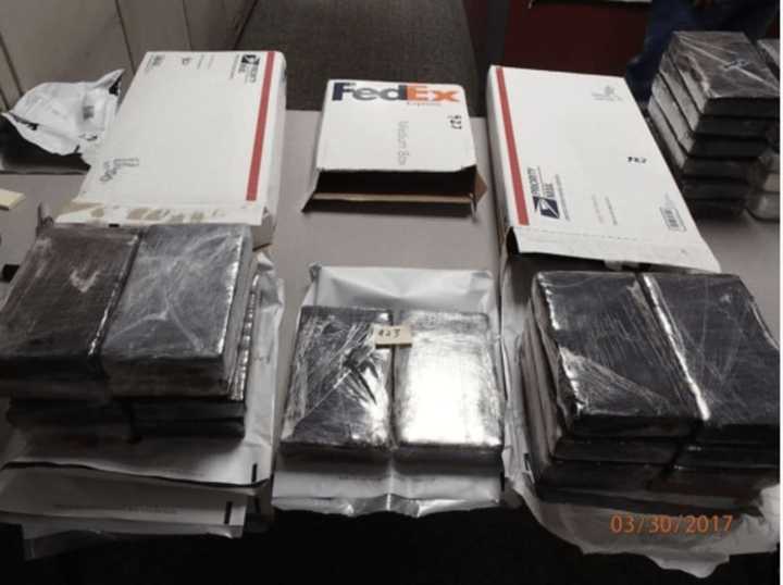 A look at packages used to send the cocaine from the fictitious jewelry business in California to Manhattan&#x27;s Diamond District.