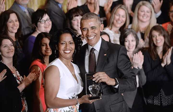 Former President Barack Obama presented Connecticut teacher Jahana Hayes with the 2016 National Teacher of the Year award.