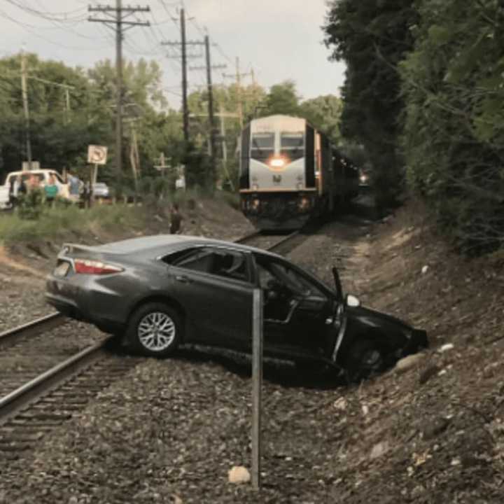 A Toyota swerved onto the Pascack Valley Line railroad tracks in Westwood moments before a train came.