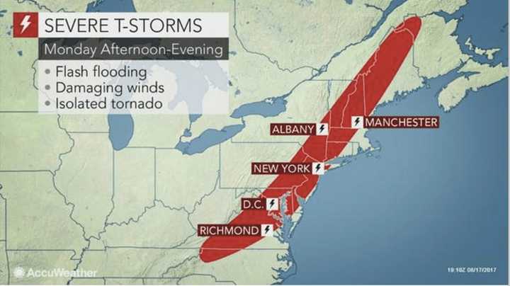 A line of severe storms could bring flash flooding, damaging winds and an isolated tornado on Monday.