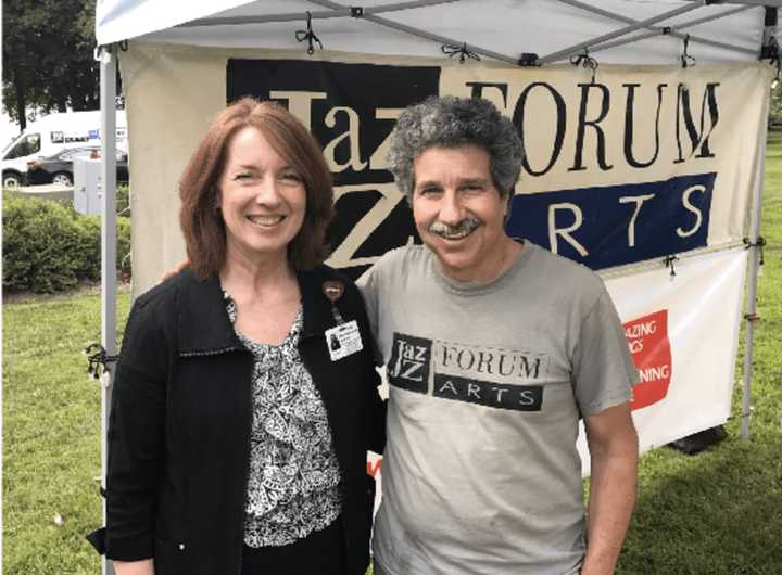 Catherine Maroney, marketing manager of NewYork-Presbyterian Hudson Valley Hospital with Mark Morganelli, the executive director of Jazz Forum Arts.