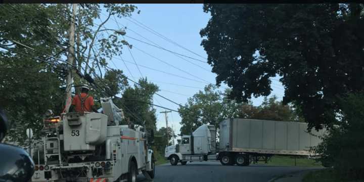 A tractor-trailer crashed into a utility pole, resulting in the closure of Hanover Street in Yorktown early Monday evening.