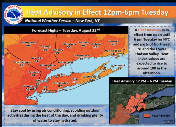 Tuesday will be hot and sticky for all of New Jersey with a heat advisory in effect for the area in the inset.