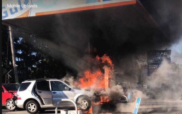 An SUV slammed into gas pumps on N. Main St., in Spring Valley, causing a large fire.