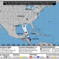 <p>The latest projected path of Tropical Storm Nate from the National Hurricane Center.</p>